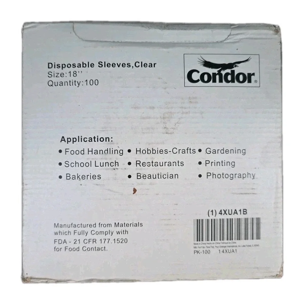 NEW IN BOX Condor‎ 100 Disposable 18 Inch Clear Sleeves 4XUA1B